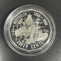 1989 50c Tall Ships-First Fleet - Masterpieces in Silver Coin In Capsule