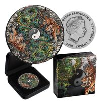 2023 Double Dragon and Double Tiger with Yin Yang 5oz Silver Antiqued Coloured Coin
