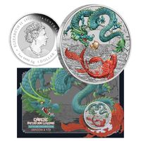  2023 $1 Chinese Myths and Legends Green Dragon and Koi 1oz Silver Coloured Coin in Card