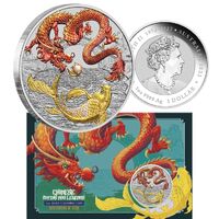  2023 $1 Chinese Myths and Legends Red Dragon and Koi 1oz Silver Coloured Coin in Card