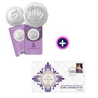 2023 50c HM Queen Elizabeth II Commemoration UNC + 2023 King Charles III Coronation PMC
