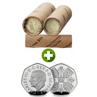 2024 $2 King Charles III Effigy Mint Roll Non-Premium + 2022 KCIII 50p Queen Elizabeth II Tribute Silver Coin COMBO