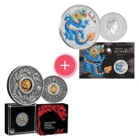 2024 Year of the Dragon Coin Set: Blue Dragon 1oz Silver Coloured Coin in Card + Rotating Charm Antiqued Coin