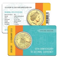 2016 Round 50c, Open Day Gold Plated Uncirculated Coin 50th Anniversary of Decimal Currency Special Release 