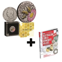 2025 2oz Honey Bee  Silver Antiqued Coloured Coin & Renniks 33rd Edition Australian Coin & Banknote Values Book - Soft Cover 