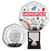 2025 50p Monopoly 90th Anniversary Silver Proof Coloured Coin