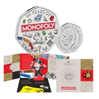 2025 50p Monopoly 90th Anniversary Coloured Brilliant Uncirculated Coin