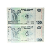 2022 Democratic Republic of the Congo 100 Francs Consecutive Serial Number Uncirculated Pair of Banknotes