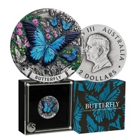 2026 Butterfly 2 Oz Silver Antiqued Coloured Coin