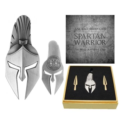 2021 $2 Ancient Warriors  2oz Silver Spartan Mask Shaped Antiqued Coin