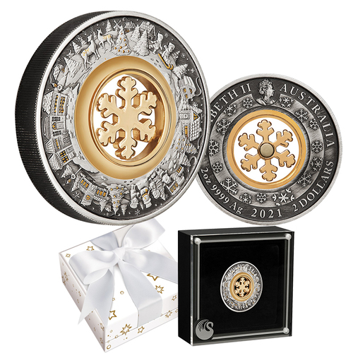 2021 $1 Christmas Wonderland Gold-Plated 2oz Silver Antique Coin - Aussie Coins and Notes