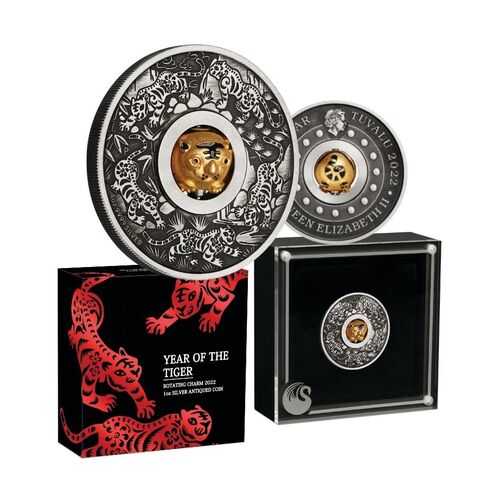 2022 $1 Lunar Year of the Tiger Rotating Charm 1oz Silver Antique Coin
