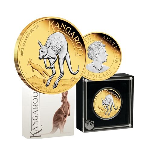 2022 $2 Australian Kangaroo Gold-Gilded 2oz Silver Proof Coin