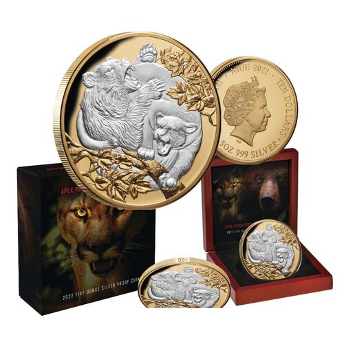 2022 $10 Apex Predators Cougar & Bear Selectively Gold-Plated 5oz Silver Proof Coin