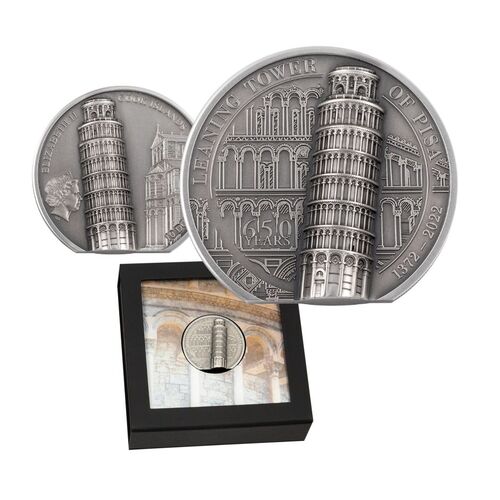 2022 $10 Leaning Tower of Pisa 2oz Silver High Relief Antiqued Coin