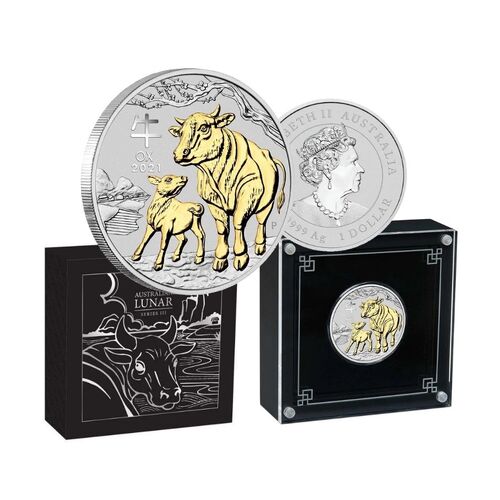 2021 $1 Year of the Ox Gold-Gilded 1oz Silver Brilliant Uncirculated Coin