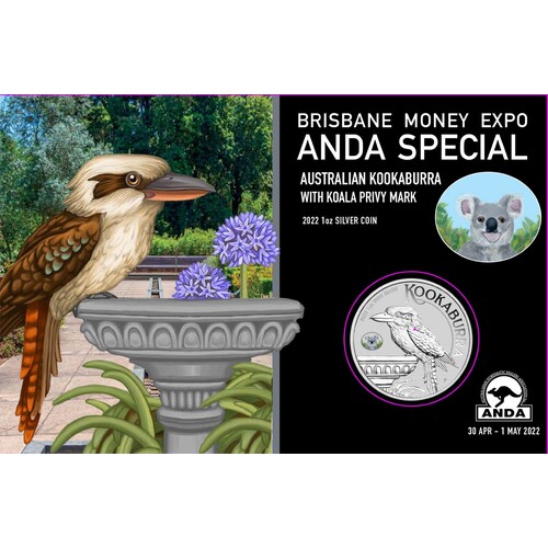 2022 Australian Kookaburra with Koala Privy 1oz Coloured Silver - Brisbane ANDA Money Expo
