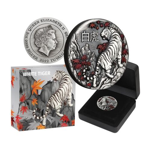 2022 $2 White Tiger 2oz Silver Antiqued Coloured Coin