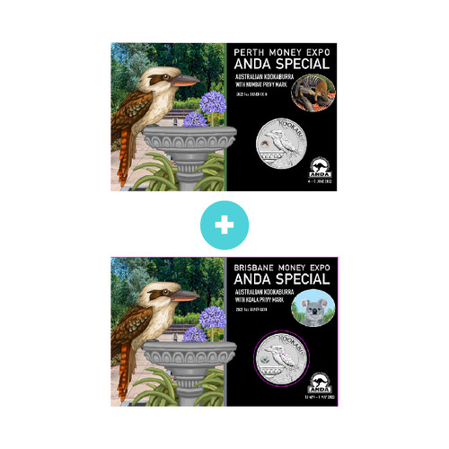 2022 Perth + Brisbane 1oz Silver Kookaburra w/ coloured privymarks Combo - ANDA Money Expo