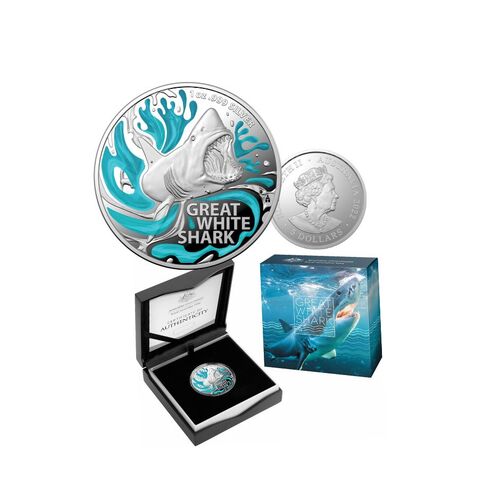 2022 $5 Great White Shark Silver Proof Coloured Coin