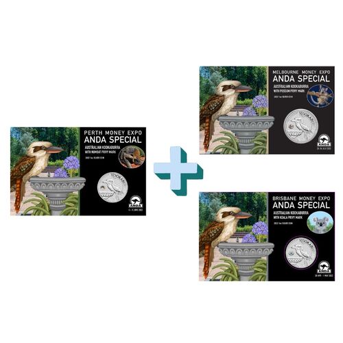2022 Melbourne + Perth + Brisbane 1oz Coloured Silver Kookaburra 1 Oz Combo ANDA Money Expo w/ Privy Marks