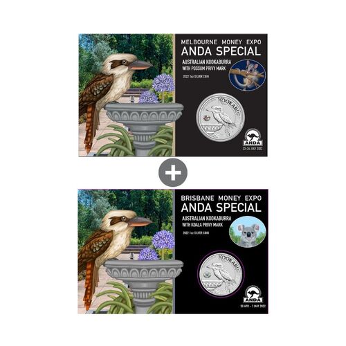 2022 Melbourne + Brisbane 1oz Silver Kookaburra w/ coloured privymarks Combo - ANDA Money Expo