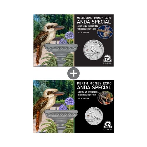 2022 Melbourne + Perth 1oz Silver Kookaburra w/ coloured privymarks Combo - ANDA Money Expo
