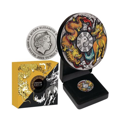 2022 Dragon and Qilin with Bagua 2oz Silver Coloured Antiqued Coin
