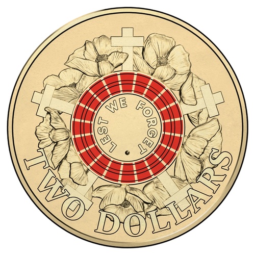 2015 coloured $2 Red ANZAC Lest We Forget Circulated