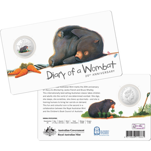 2022 20c 20th Anniversary Diary of a Wombat Coloured Uncirculated Coin in Card