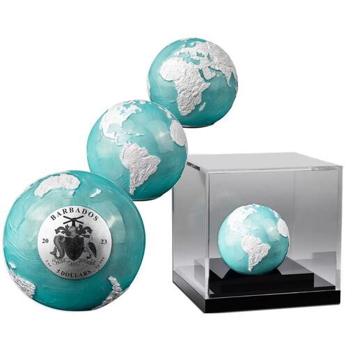 2023 $5 Blue Earth Marble Frozen 3oz Silver Sphere Coin