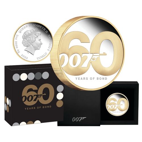 2022 60 Years of Bond 2oz Silver Proof Gilded Coin