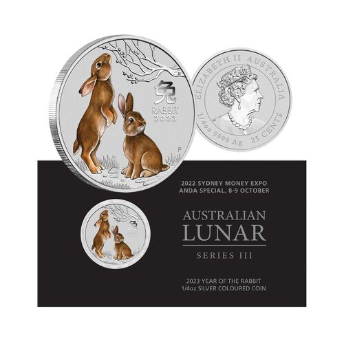 2023 25c Perth Mint Lunar Series III 1/4oz Year of the Rabbit Coloured Coin - ANDA Sydney Money Expo