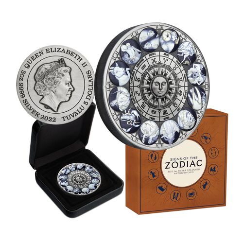 2022 $5 Signs of the Zodiac Silver Antiqued Coloured Coin