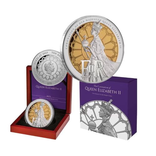 2023 $10 5oz Gold-plated QEII Coronation Silver Proof Coin