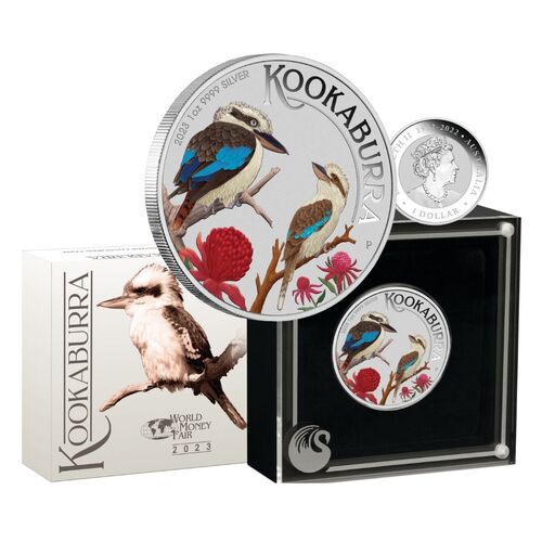 2023 $1 World Money Fair Australian Kookaburra 1oz Silver Coloured Coin