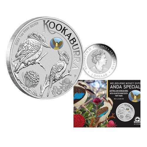 2023 Australian Kookaburra 1oz Silver w/ Helmted Honeyeater Privy Mark - Melbourne ANDA Money Expo