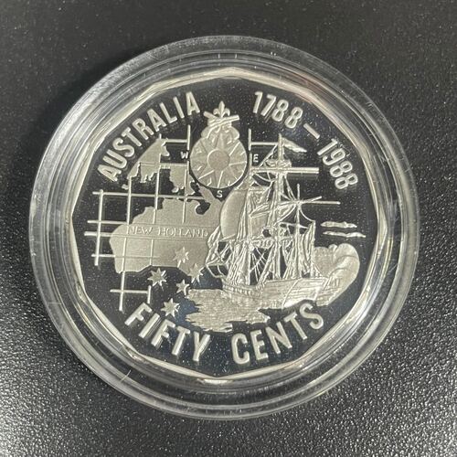 1988 50c Tall Ships-First Fleet Silver Proof Coin In Capsule
