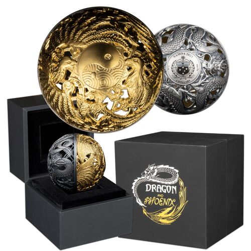 2023 $5 Dragon & Phoenix  Filigree 2oz Silver Antique Spherical Coin