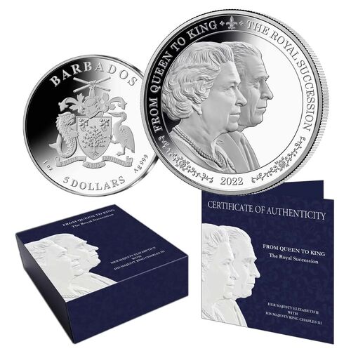 2022 $5 Elizabeth II & Charles III Portraits 1oz Silver Prooflike Coin