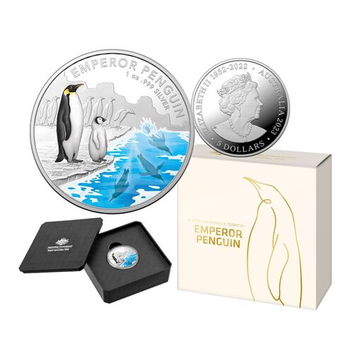 2023 $5 Australian Antarctic Territory - Emperor Penguin Silver Coloured Proof Coin