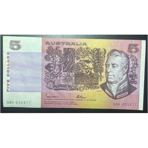 Gothic Serial Number Australian $5 Paper Banknote Johnston/Fraser Signature F Condition QAH005877