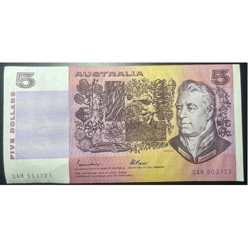 Gothic Serial Number Australian $5 Paper Banknote Johnston/Fraser Signature EF Condition QAH003723