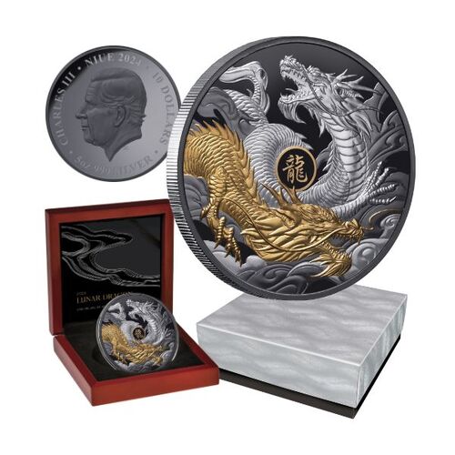 2024 $10 Lunar Dragon 5oz Gold-Plated Silver Black Proof Coin