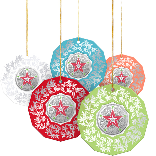 Set Of 5 2023 50c Christmas Decoration – Festive Floral Coloured Uncirculated Coin 