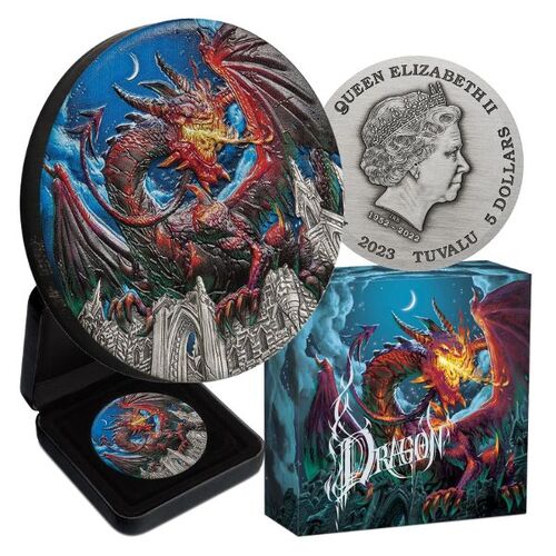 2023 $5 Dragon 5oz Silver Antiqued Coloured Coin