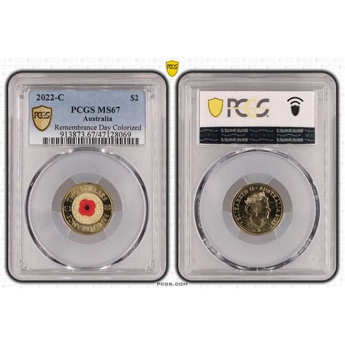 MS67 2022 $2 C Mintmark Remembrance Day Red Poppy PCGS Certification Number: 47128069