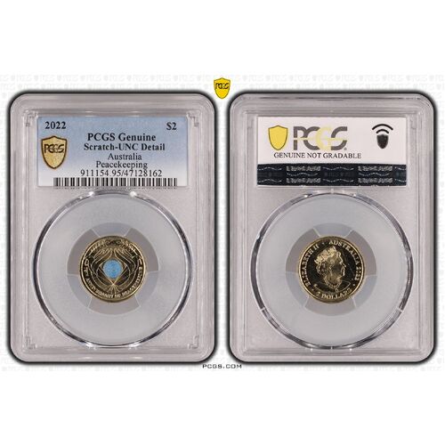 PCGS 2022 $2 Peacekeeping Uncirculated- Genuine UNC Details (95 - Scratch) PCGS Certification Number: 47128162