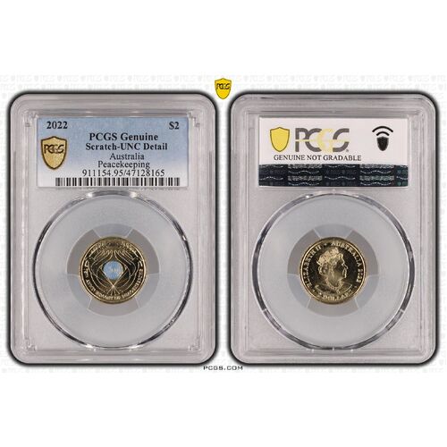 PCGS 2022 $2 Peacekeeping Uncirculated- Genuine UNC Details (95 - Scratch) PCGS Certification Number: 47128165