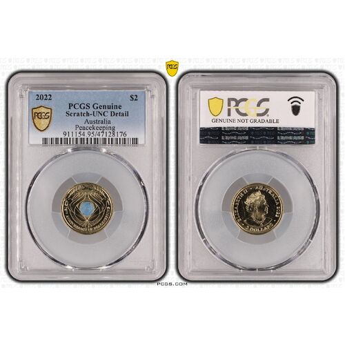 PCGS 2022 $2 Peacekeeping Uncirculated- Genuine UNC Details (95 - Scratch) PCGS Certification Number: 47128176
